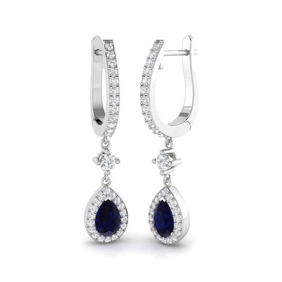 1.85ct SI2/G Pear cut Blue Sapphire Gemstone Earrings in 18k White Gold