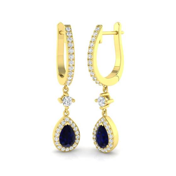 1.85ct SI2/G Pear cut Blue Sapphire Gemstone Earrings in 18k Yellow Gold