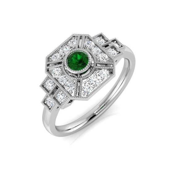 0.46ct SI2/G Round cut Green Emerald Gemstone Ring in 18k White Gold