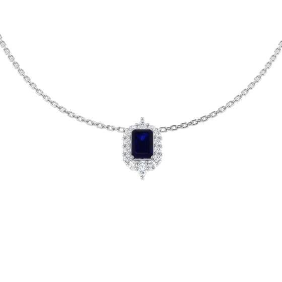 1.09ct SI2/G Emerald cut Blue Sapphire Gemstone Necklace in 18k White Gold