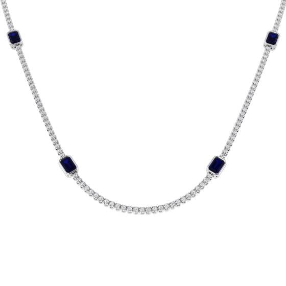 6.34ct SI2/G Emerald cut Blue Sapphire Gemstone Necklace in 18k White Gold