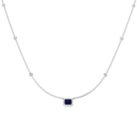 0.67ct SI2/G Emerald cut Blue Sapphire Gemstone Necklace in 18k White Gold