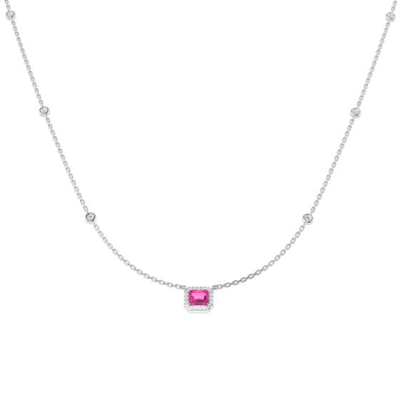 0.75ct SI2/G Emerald cut Pink Sapphire Gemstone Necklace in 18k White Gold