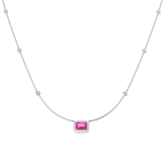 1.19ct SI2/G Emerald cut Pink Sapphire Gemstone Necklace in 18k White Gold