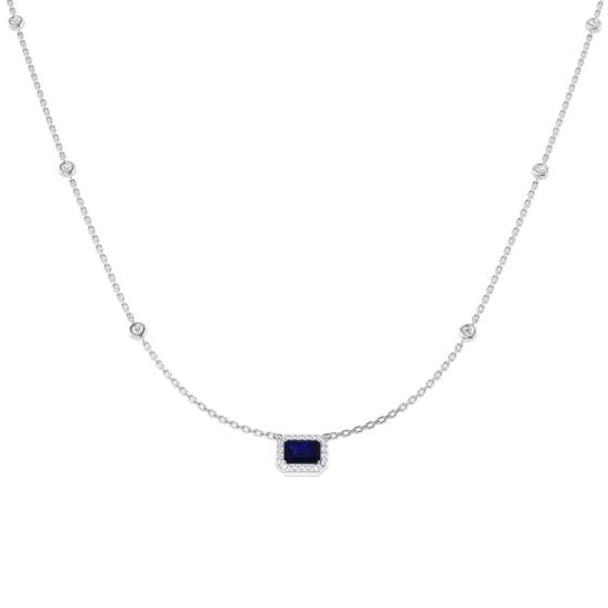 0.91ct SI2/G Emerald cut Blue Sapphire Gemstone Necklace in 18k White Gold