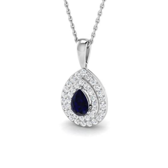 1.00ct SI2/G Pear cut Blue Sapphire Gemstone Pendant in 18k White Gold