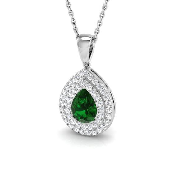 0.89ct SI2/G Pear cut Emerald Gemstone Pendant in 18k White Gold