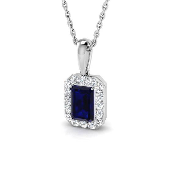 0.85ct SI2/G Emerald cut Blue Sapphire Gemstone Pendant in 18k White Gold