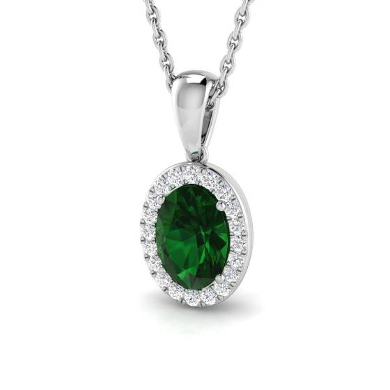 0.79ct / Oval cut Emerald Gemstone Pendant in 18k White Gold