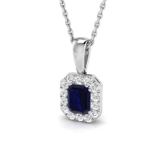 0.76ct SI2/G Emerald cut Blue Sapphire Gemstone Pendant in 18k White Gold