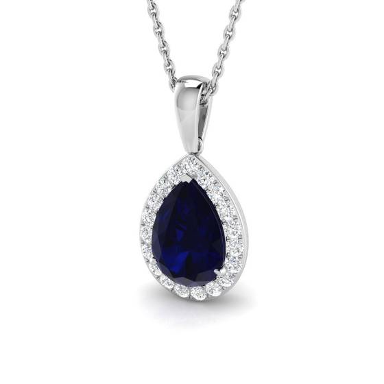 1.68ct SI2/G Pear cut Blue Sapphire Gemstone Pendant in 18k White Gold