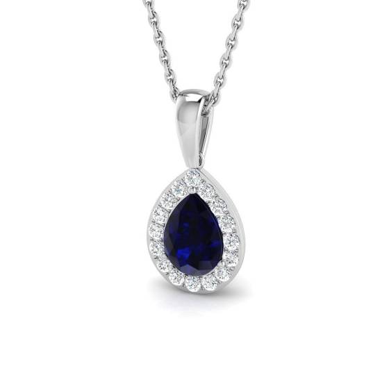 1.14ct SI2/G Pear cut Blue Sapphire Gemstone Pendant in 18k White Gold