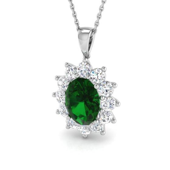 3.42ct SI2/G Oval cut Green Emerald Gemstone Pendant in 18k White Gold