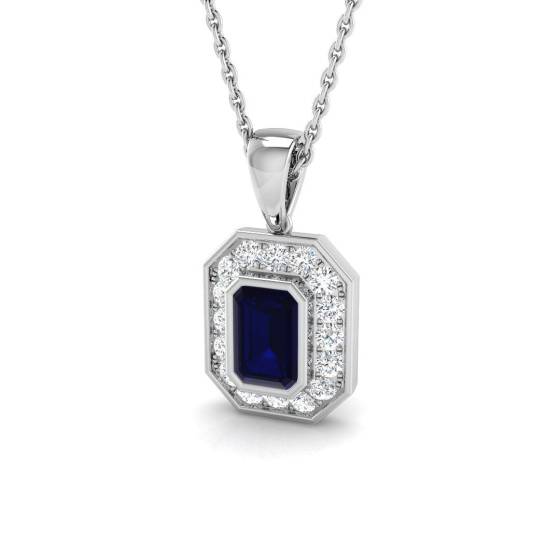 0.96ct SI2/G Emerald cut Blue Sapphire Gemstone Pendant in 18k White Gold