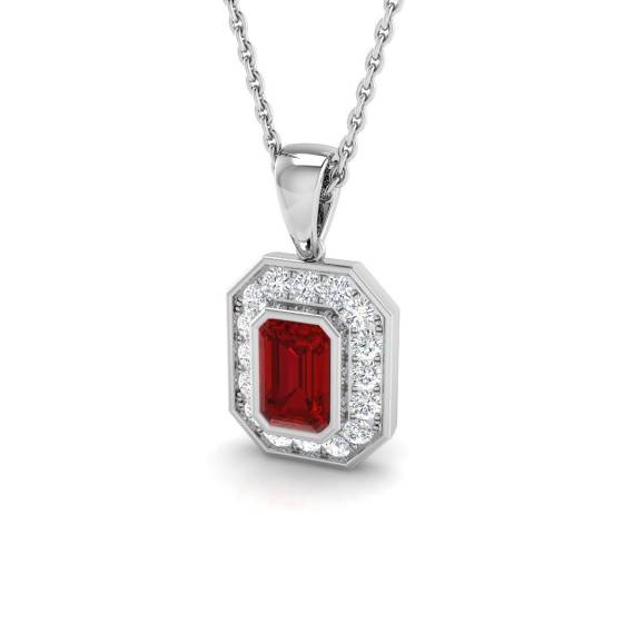 0.91ct SI2/G Emerald cut Ruby Gemstone Pendant in 18k White Gold