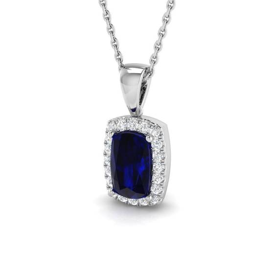 1.47ct SI2/G Cushion cut Blue Sapphire Gemstone Pendant in 18k White Gold