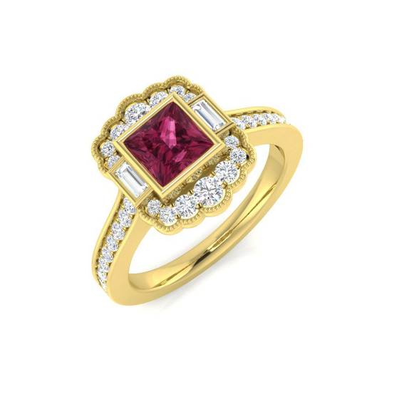 0.99ct SI2/G Square cut Pink Tourmaline Gemstone Ring in 18k Yellow Gold