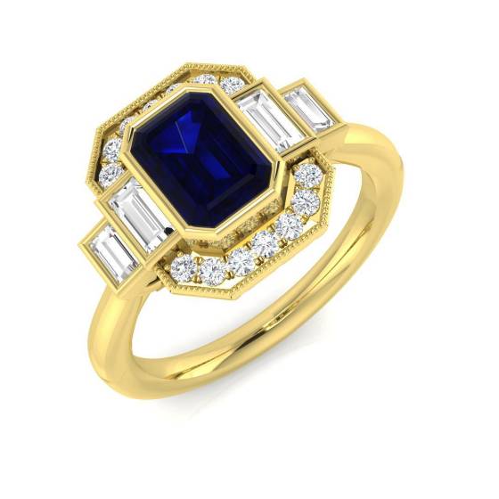 1.43ct SI2/G Emerald cut Blue Sapphire Gemstone Ring in 18k Yellow Gold