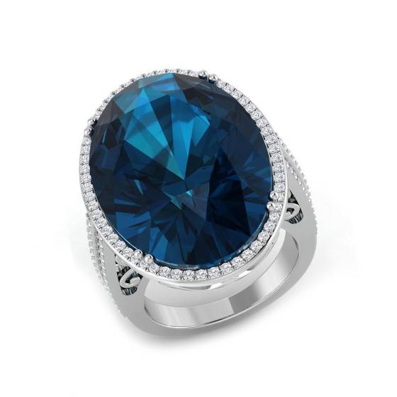 33.08ct SI2/G Oval cut Blue Topaz Gemstone Ring in 9k White Gold