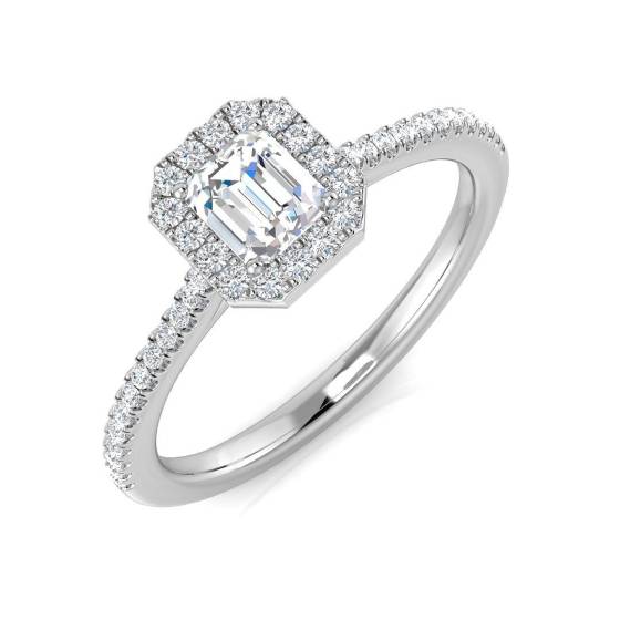 0.42ct SI1/G Emerald cut Diamond Halo Ring in Platinum