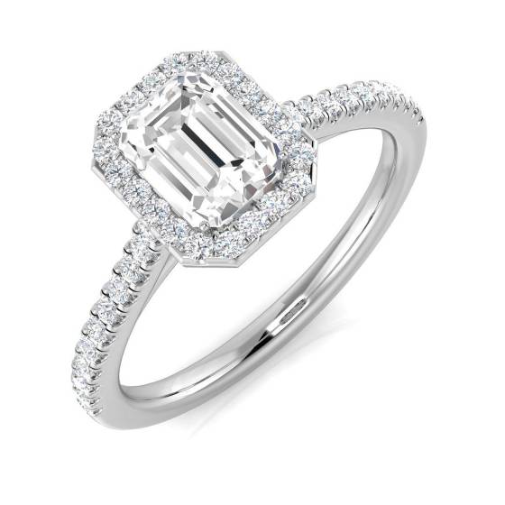 1.09ct SI1/G Emerald cut Diamond Halo Ring in Platinum