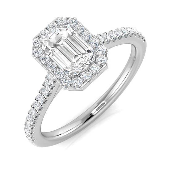 0.90ct SI1/G Emerald cut Diamond Halo Ring in Platinum