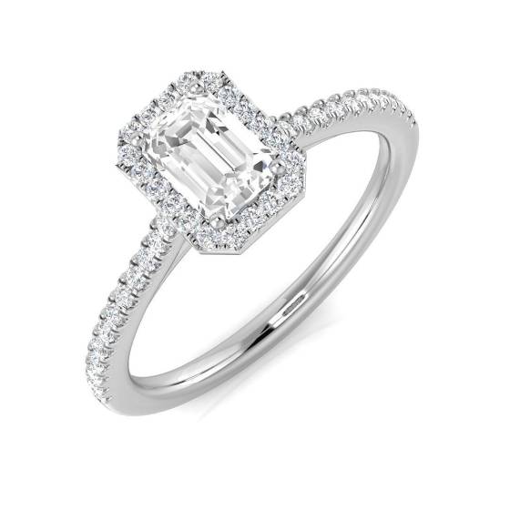 0.65ct SI1/G Emerald cut Diamond Halo Ring in Platinum