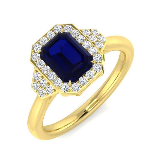 1.35ct SI2/G Emerald cut Blue Sapphire Gemstone Ring in 18k Yellow Gold