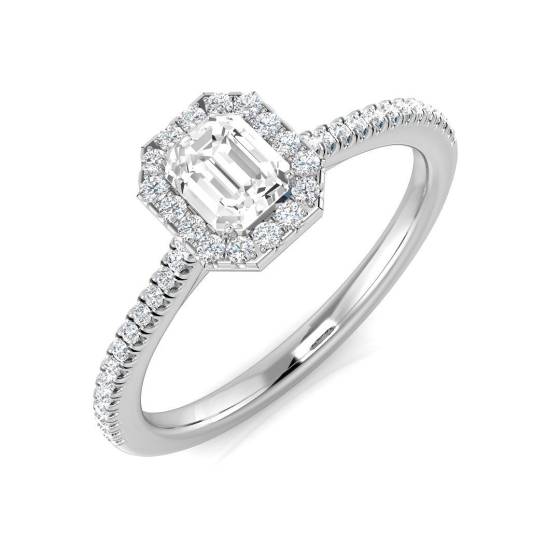 0.53ct SI1/G Emerald cut Diamond Halo Ring in Platinum