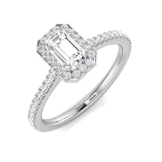 0.68ct SI1/G Emerald cut Diamond Halo Ring in Platinum