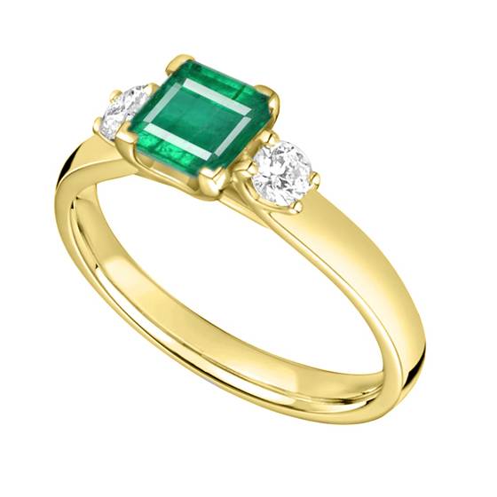 1.00ct SI/F-G Cushion Green Emerald and Round Diamond Trilogy Ring