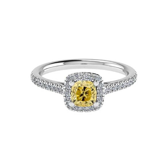 1.00ct VS2/FY Cushion Yellow Diamond Halo Shoulder Set Ring