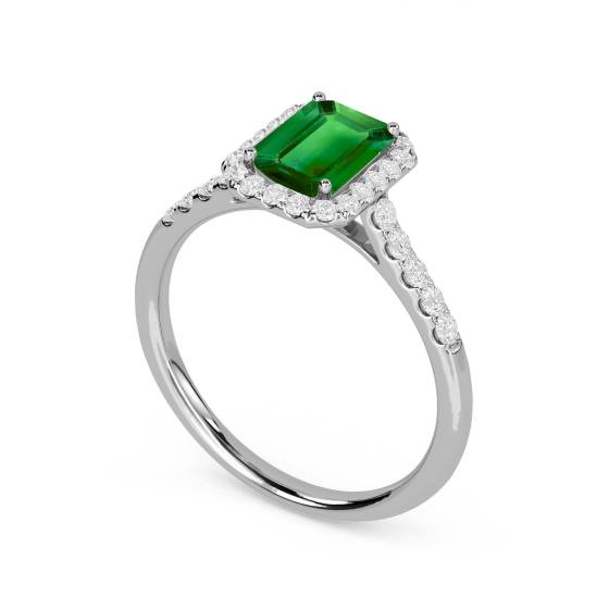 1.00ct SI/F-G Emerald Gemstone Halo Shoulder Set Ring