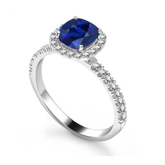 0.75ct VS/E-F Blue Sapphire and Diamond Single Halo Shoulder Set Ring