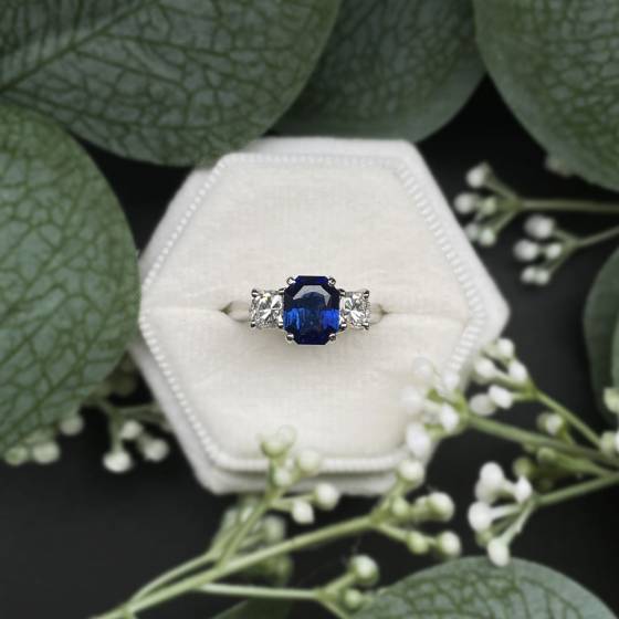 2.85ct SI/F-G/AAA Blue Sapphire Octagon and Diamond Trilogy Ring