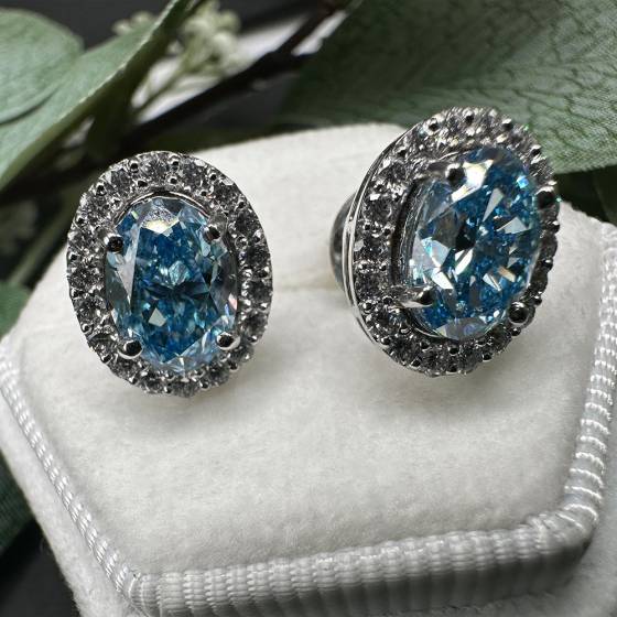 Lab Grown 5.00ct VS1/Vivid Blue Oval Diamond Earrings