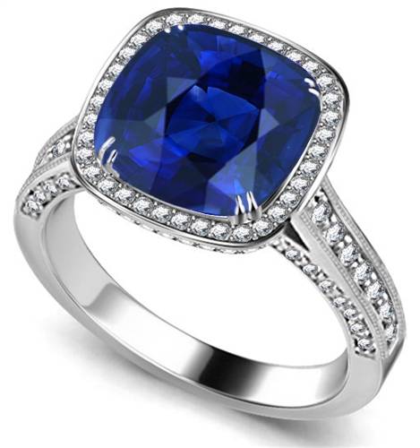 Cushion Blue Saphhire & Diamond Single Halo Ring - Diamond Heaven