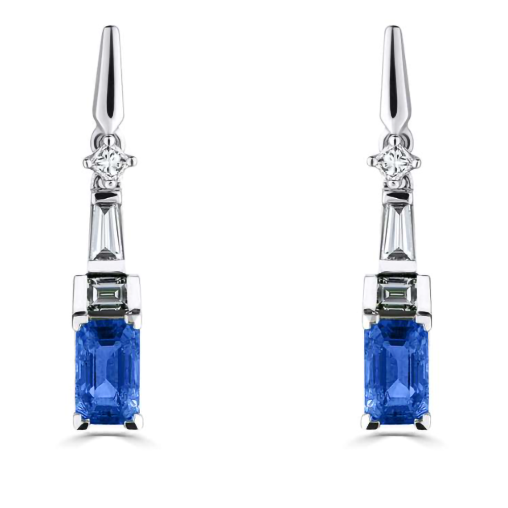 0.95Ct Diamond And Blue Sapphire Art Deco Drop Earrings. P
