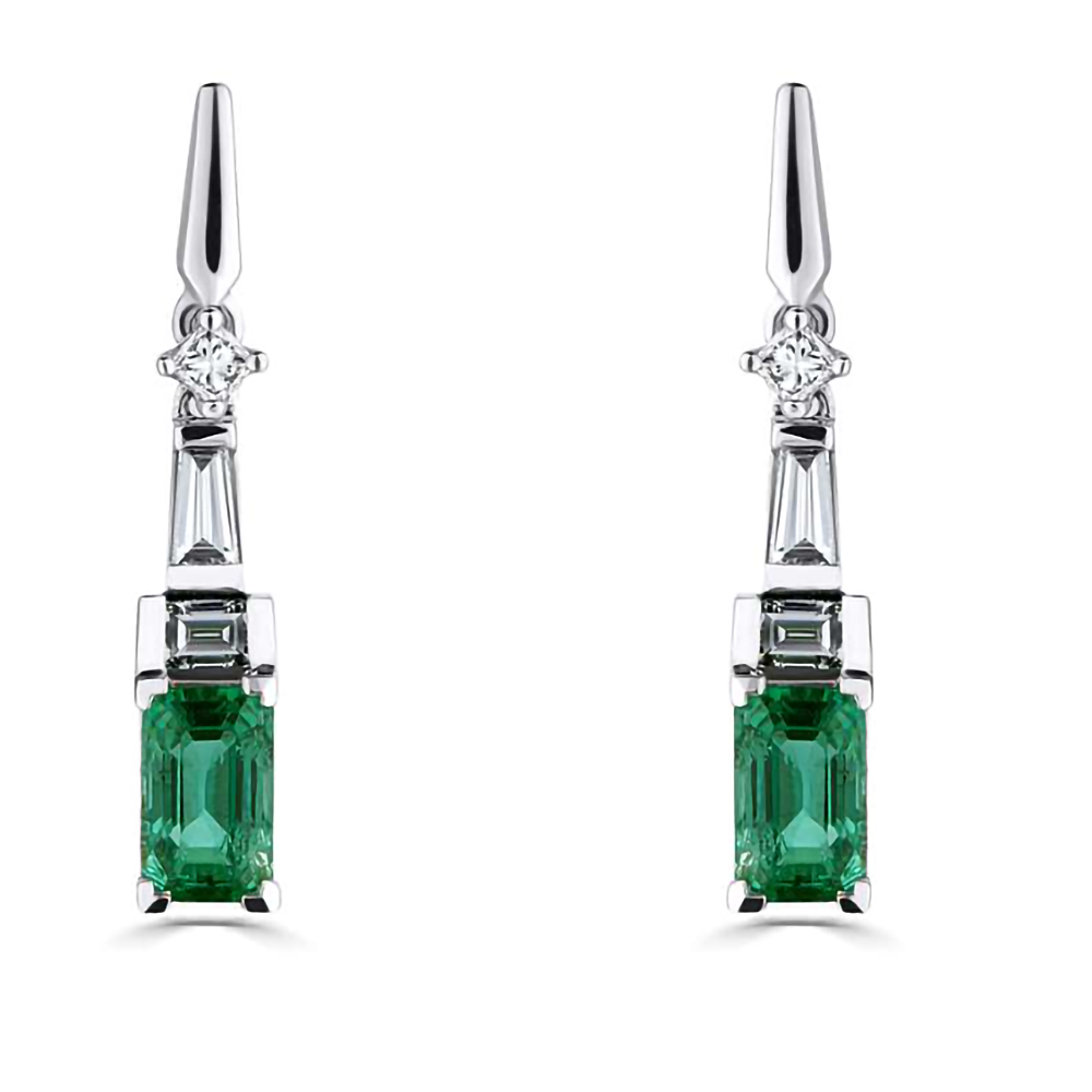0.90Ct Diamond And Emerald  Art Deco Drop Earrings. P