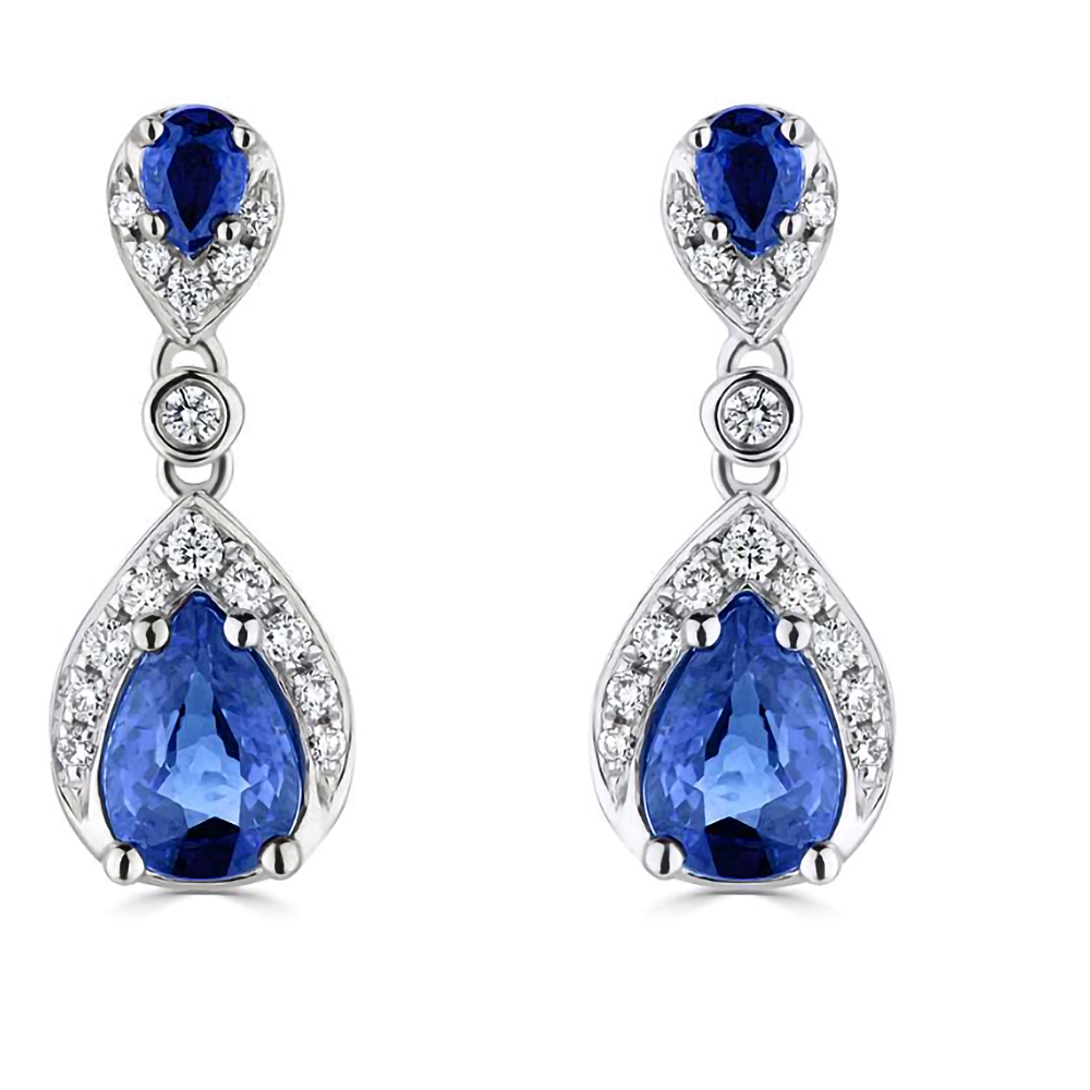 1.35Ct Diamond And Blue Sapphire Pear Drop Earrings. P