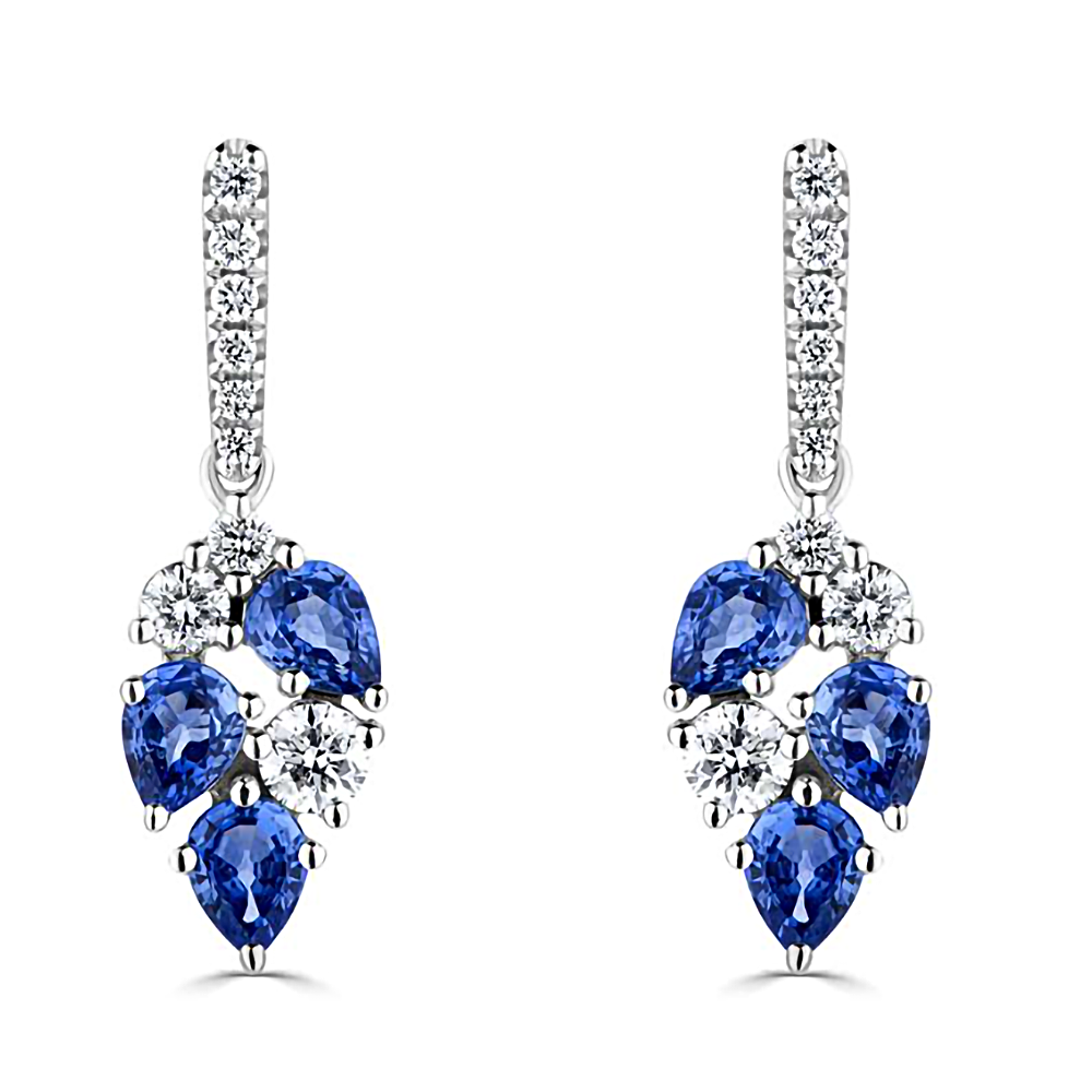 1.60Ct Diamond And Blue Sapphire Scatter Pear Drop Earrings. P