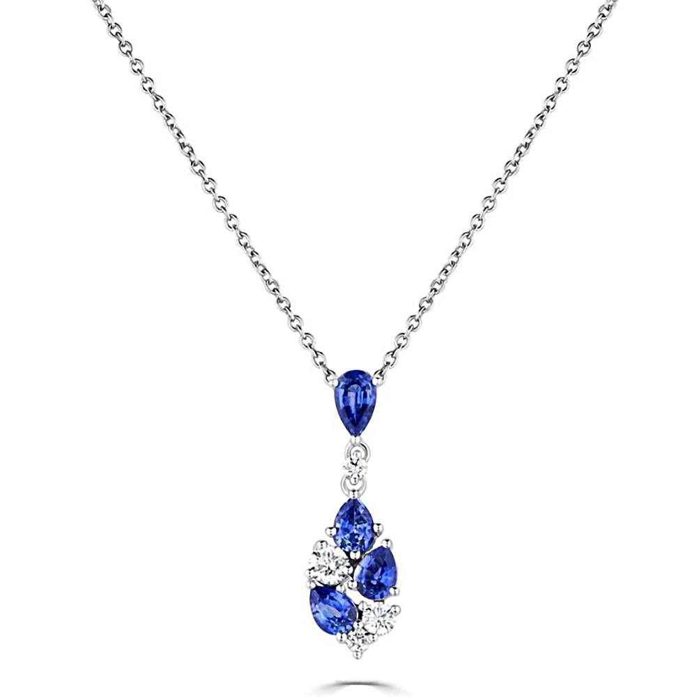 1.10Ct Diamond And  Blue Sapphire Scatter Pear Necklace. P