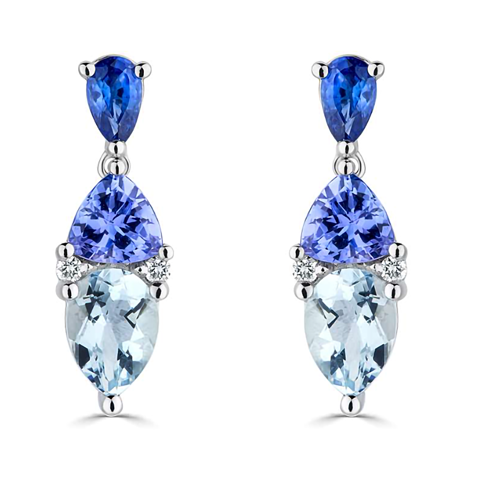 3.30Ct Blue Sapphire, Tanzanite & Aquamarine Tonal Blue Pear Drop Earrings. P