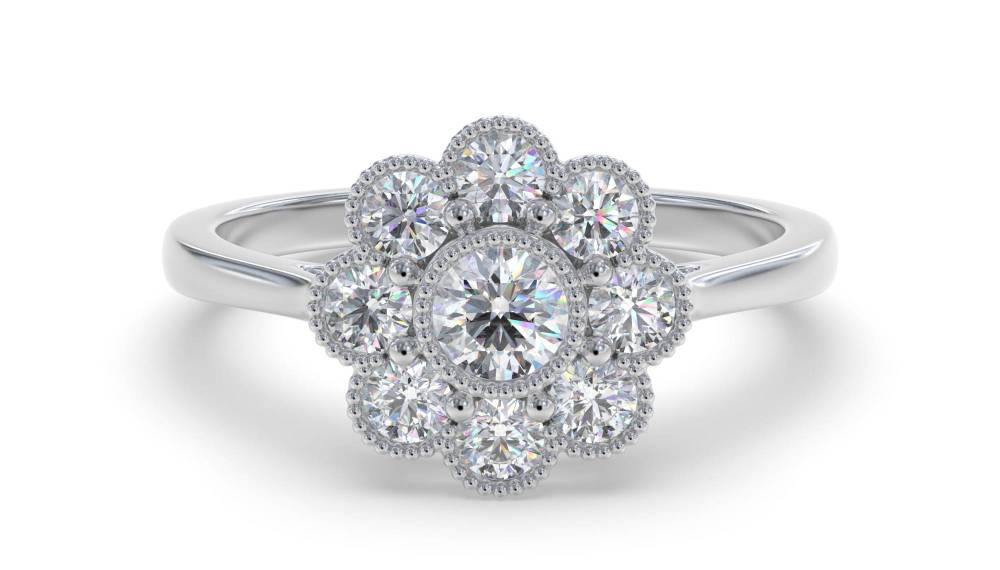 0.60ct Round Diamond Deco Cluster Ring set in White Gold