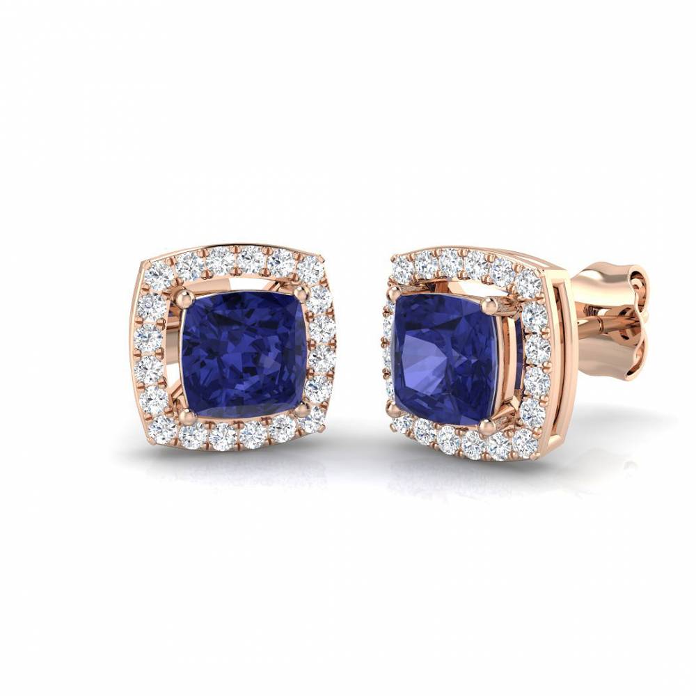 1.45ct VS/EF Cushion Tanzanite and Round Diamond Halo Earrings set in Rose Gold