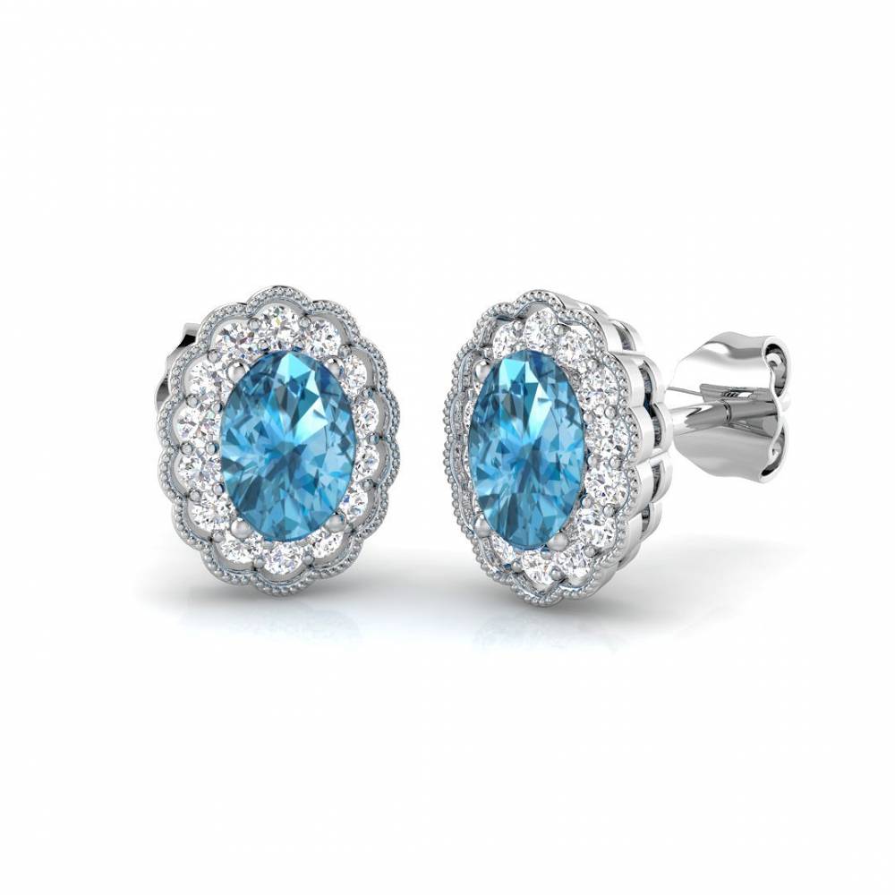 Blue Topaz Oval and Round Diamond Halo Earrings P