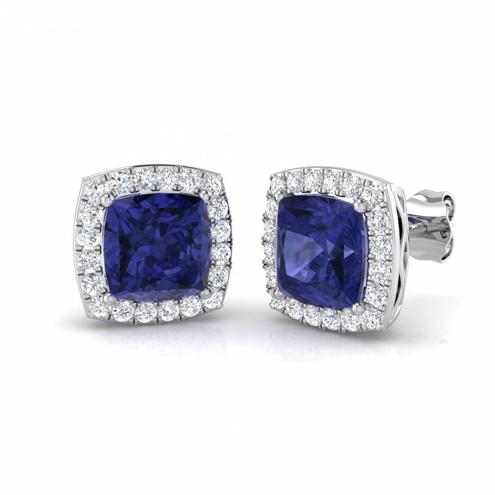 4.00ct VS/EF Cushion Tanzanite and Round Diamond Halo Earrings set in White Gold