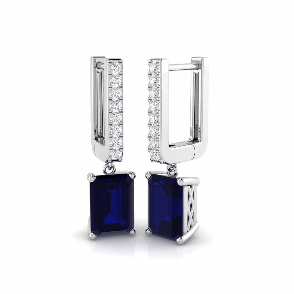 Blue Sapphire Emerald and Round Diamond Drop Earrings W