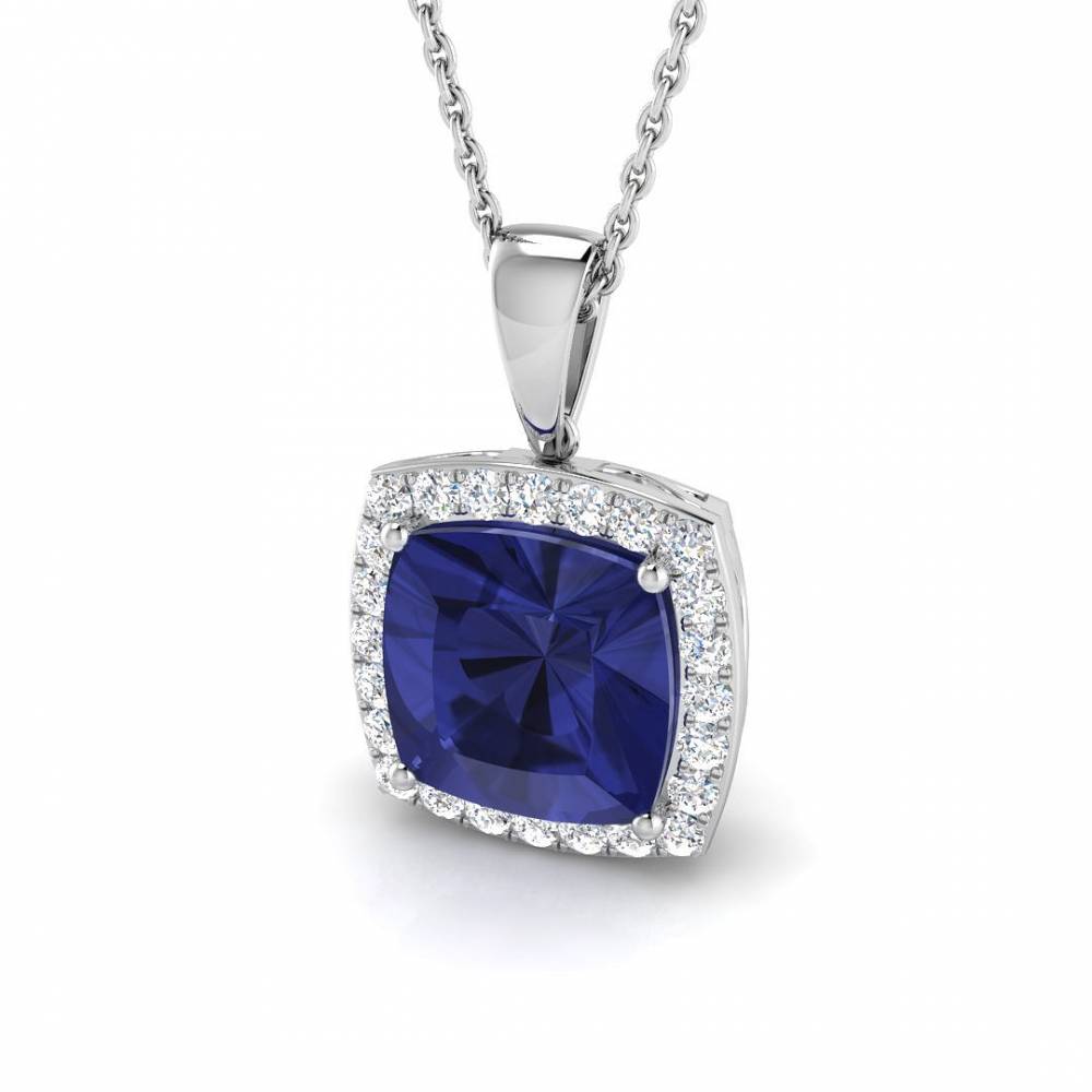 3.65ct VS/EF Cushion Tanzanite and Round Diamond Halo Pendant W