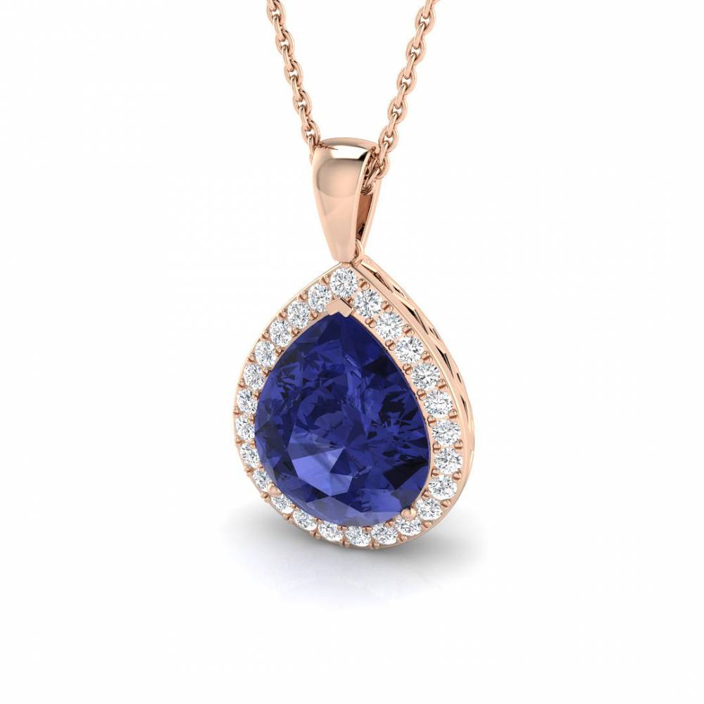 3.65ct VS/EF Pear Tanzanite and Round Diamond Halo Pendant set in Rose Gold